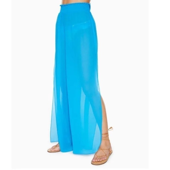 NWT Ramy Brook Textured Athena Palazzo Pant Swim Coverup Blue Pull On Medium - Picture 2 of 9